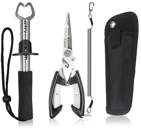 J&D Pesca Pinzas y Pescado Labios Pinza Fije, Multifuncional Acero Inoxidable Pesca Pinzas Marcha Atrás Gancho Portero Herramientas con Seguridad Tipo de Bobina con Fundas y Atadura, Negro
