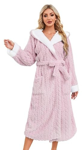 LYCY Womens Plush Hooded Robe, Soft Fluffy Womens Fleece Robe Long Warm Bathrobes for Women（Light pink, L/XL）