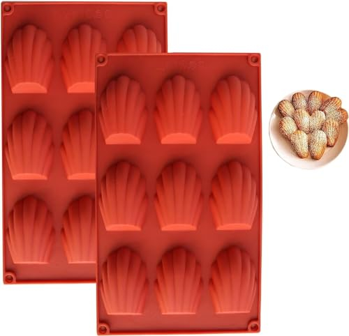 Madeleines - Teglia da forno in silicone, per madeleine, 9 cavità, 2 pezzi, stampi per madeleine, stampi per torte a forma di conchiglia per biscotti, cioccolato, caramelle, budini