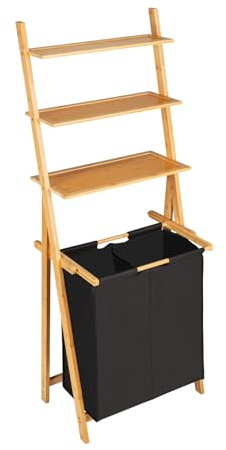 WENKO Leiterregal mit Wäschesammler Mod. Ecori, Leiter aus Bambus, Wäschekorb mit 2 Fächern (je ca. 33 L), Textil aus recyceltem Polyester, Schwarz