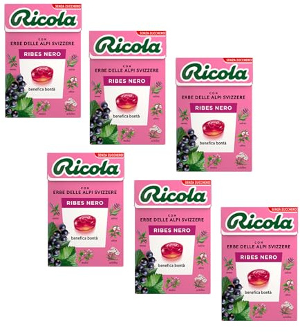 Ricola® | Caramelos duros de grosella negra | Caramelos de Hierbas Suizas Sin Azúcar - 6 Cajas (300 Gr)