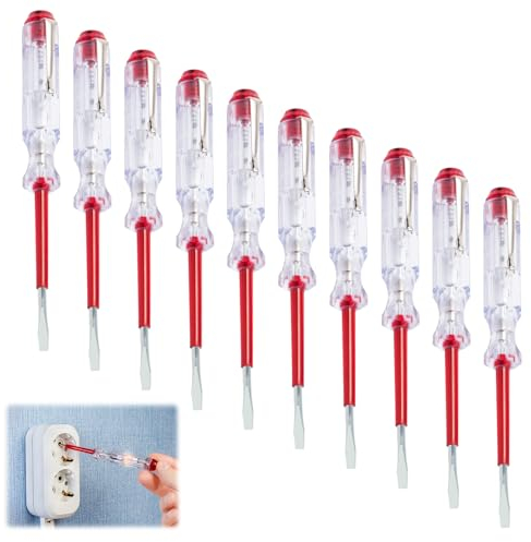 10 Stück Spannungsprüfer Phasenprüfer Schraubendreher Fasenprüfer 45200 100v~500v GS geprüft nach DIN VDE 0680, robuste Schraubendreherklinge aus gehärtetem Werkzeugstahl C60 transparent/rot