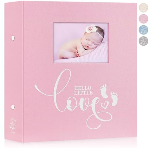 Lanpn Baby Photo Album 6x4 600 Pockets, Linen cover Newborn Bebe Memory Book Photobook Holds 600 Horizontal and Vertical Pictures, Picture Album with Front Window Gift for Boy Girl Baby Shower Pink