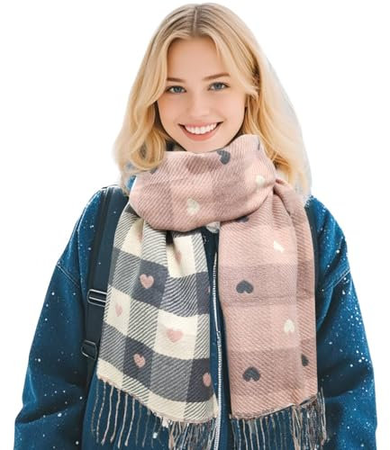 FloraMolly Echarpes et foulards femme, double face doux Hiver chaud treillis coeur écharpe avec franges populaires pour les femmes, les filles et les adolescents