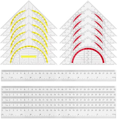18 Stück Geometrie Dreieck, Zeichendreieck Winkelmesser 2 Funktionen, Flexibel Geodreieck zum Kreise Zeichnen, 6 Geodreieck mit Griff Gelb 6 Geodreieck Rot und 6 30cm Lineal für Schule Büro