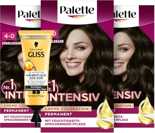 Palette Intensiv Creme Coloration 4-0/800 Dunkelbraun (3x 115 ml), permanente Haarfarbe für leuchtende, langanhaltende Farbbrillanz & SOS-Intensiv-Kur Oil Nutritive (15 ml) Haarkur