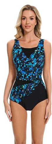 BIMEI Costume da bagno donna monopezzo, mastectomia con tasche, controllo addominale, costumi da bagno, Blu, 44
