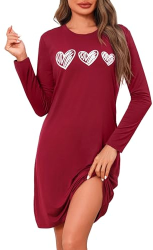 Marvmys Chemise De Nuit Femme en Coton Robe De Nuit à Manches Longues Vêtement De Nuit à Imprimé Cœur à Col Rond S-4XL