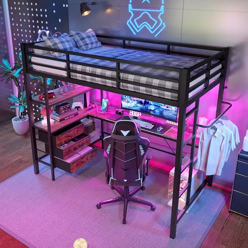 Zubaliya Lit Mezzanine 1 Place 90x200cm avec éclairage LED, Bureau, Prise + USB, 3 tiroirs,étagères et Tringle à vêtements,lit cabane Enfants 90x200,Lit superposé Enfant,sans Matelas,Noir
