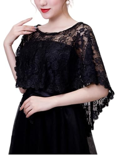 Hybursky Women Embroidered Lace Shawl Wrap Elegant Evening Dress Cape Bridal Shoulder Cover Up Scarf Floral Lace Trim Wedding Capelet Prom Party Bolero Shrug Summer Sun Protection Shawls (Black)