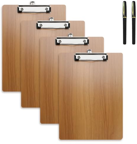4 Stück Klemmbrett A4 Holz, Klemmbretter mit Klammer und Haken, Klemmmappe A4 für Zeichnen Tägliche Notizen, zum Organisieren von Quittungslisten und Baustelle - Farbe Kirschbaumholz