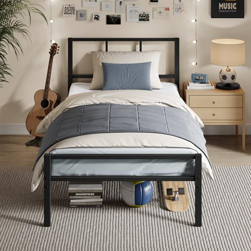 VASAGLE Single Bed Frame, 90 x 190 cm, with Slats and Headboard, Metal Platform Bed, Supports Up to 250 kg, Easy Assembly, Modern Bedroom Furniture, Ink Black RMB291B101