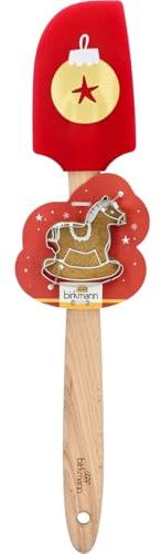 Birkmann, weihnachtlicher Teigschaber mit Weihnachtskugel-Motiv, mit Ausstechform Schaukelpferd, Silikon, 32 cm, mit Holzgriff,
