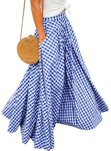 Ranphee Jupe Longue Femme Carreaux Haute Taille Maxi de Plage A-Line Skirt avec Poches Latérales