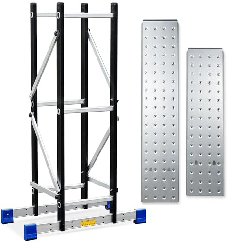 Scaffolding Platform Work with 7 in 1 Multi-Purpose 19.7 Ft Folding Ladder， Supporting Rack and Steel Trays Work Platform