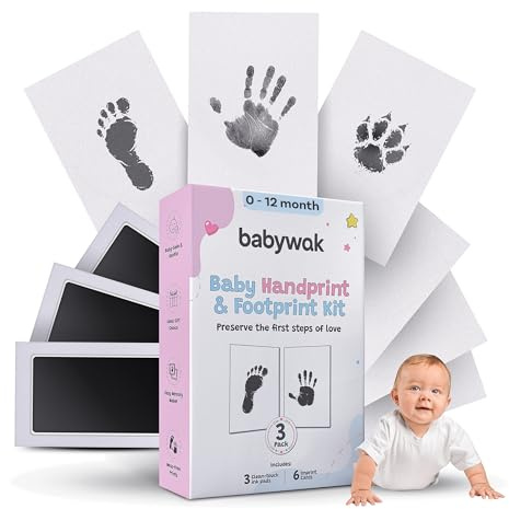 Hand- och fotavtryckssats, beröringsfri bläckstämpel, födelsegåva | Bläcket berör aldrig huden - 3 tamponger + 6 kort, nyfödd souvenir 0–6 månader, katt- och hundavtryck, baby shower