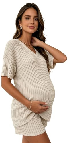 Vxuxlje Kvinnors sommar outfit gravid koordinerat moderskap delar | Topp och shorts set, kläder för återhämtning efter förlossning, hudvänlig graviditet, utomhusaktiviteter, fest, gata