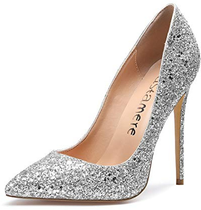 Castamere Scarpe col Tacco Donna Stiletto Tacco Alto Nozze Festa High Heels Sexy Eleganti Scarpe 12CM Tacco Paillettes Argento Scarpe EU 38