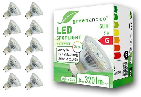 greenandco 10x bombilla LED GU10 | 5W 320 lm | 2700K blanco cálido | 110° | 230V | CRI 97+ | sin parpadeo | no regulable