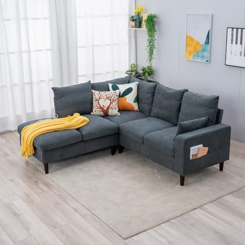 Panana Furniture Classic Fine Linen Sofa & Chaise Corner Sofa Group Set with USB Charging Port (Grey, 5 Seater L Shape)