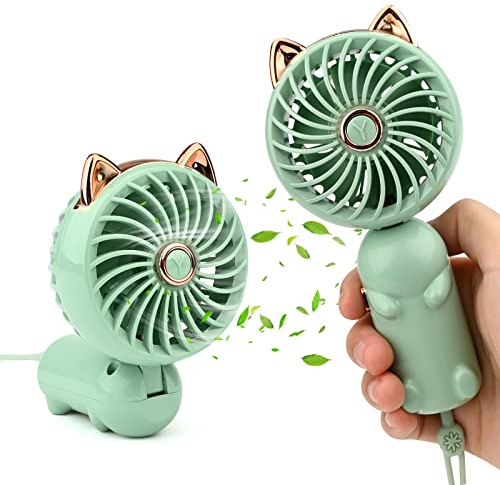 Gukasxi Tragbarer Handventilator Faltbarer Mini USB Ventilator mit Wiederaufladbarem Akku Klein 3-Gang Tischventilator für Büro, Innen, Außen, Reisen, Make-up (Grün)