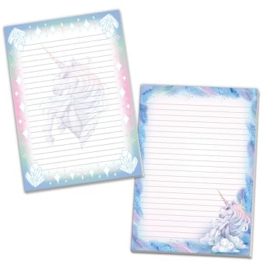 Lot de 2 blocs de papier à lettre ligné motif licorne pour filles enfants école cheval rose bleu (1 bloc coloré et 1 bloc à colorier A4 de 25 feuilles chacun)
