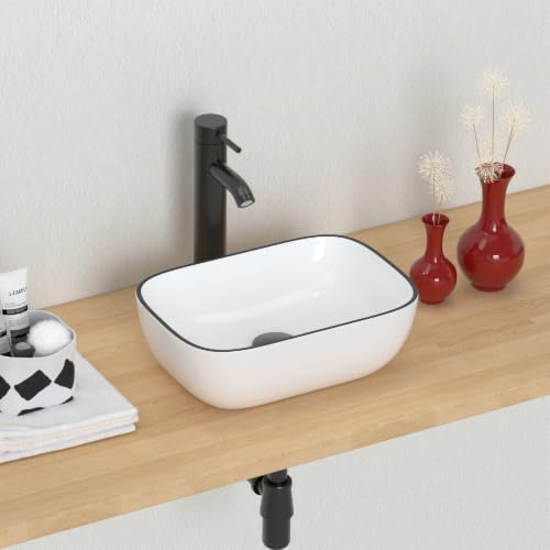 J-FAMILY Modern Bathroom Small Vessel Sink Above Counter Compact Porcelain Ceramic Wash Basin Black Trim Decoration Lavatory Wash Hand Basin,362 x 248 x 112mm