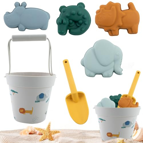 Mineup 6 Pezzi Giocattoli da Spiaggia Set, Giocattoli da Spiaggia in Silicone, giochi spiaggia bambini con Secchio da Spiaggia, 4 Stampi per Sabbia, giochi mare bambini per Ragazze di 1 2 3 4 Anni