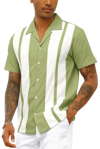 Camisa de bolos vintage para hombre, de algodón y lino, de manga corta, con botones, para verano, verde, XL