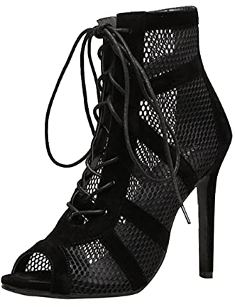 Heels Dance Class Bootie Sandalen, Schwarz Mesh Stiletto Schnüren Sandalen mit Fischmaul Tanzschuhe Mode Sandaletten Pole Dance Schuhe 5