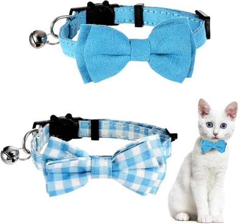 2 Stück Niedliches Kariertes Katzenhalsband für Jungen Abnehmbare Katzenhalsbänder mit Fliege und Glöckchen Verstellbar Sicherheitshalsband für kleine Welpen Haustierhalsband (blau)