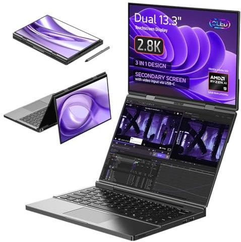 GPD DUO Dual-Screen Laptop: 13.3 OLED Displays, AMD Ryzen AI 9 HX 370, 32GB RAM, 1TB SSD, Stylus Support, 10-Point Touch, 4096 Pressure Levels, Dual 360° Hinge, AI PC