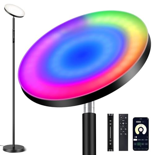 OUTON Stehlampe LED Dimmbar 36W 3000Lumen,Deckenfluter Stehleuchte mit 24 Dynamische RGB-Modi & 8 Statische RGB-Modi, Fernbedienung & Touch-Steuerung,1H Timer Stehlampen für Wohnzimmer Büro, Schwarz