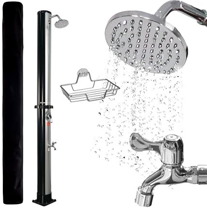 NovaTerra Douche solaire avec réservoir de 40 l - Douche de jardin et de camping avec pommeau de douche à effet pluie, douche pour pieds, capot de protection et bac de rangement - Pour jardin et