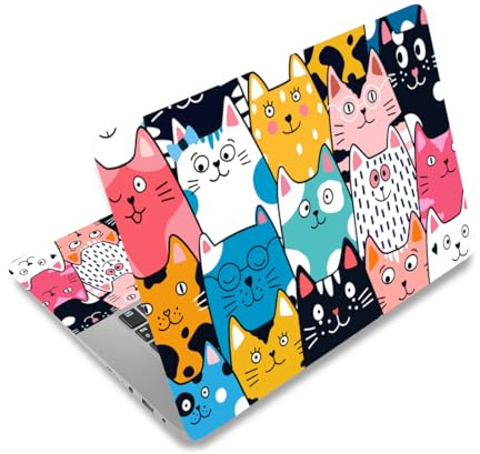 PLIGREAT Pegatina para portátil de gato de dibujos animados con coloridos gatos sonrientes adecuados para portátiles de 15 pulgadas, vinilo extraíble universal, protección artística para PC