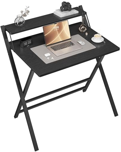 Yaheetech Foldable Desk with Monitor Stand,80 cm Computer Desk for Small Spaces,2-Tier Folding Table for Home, Office, School, Dormitory,Easy Assembly(Black)