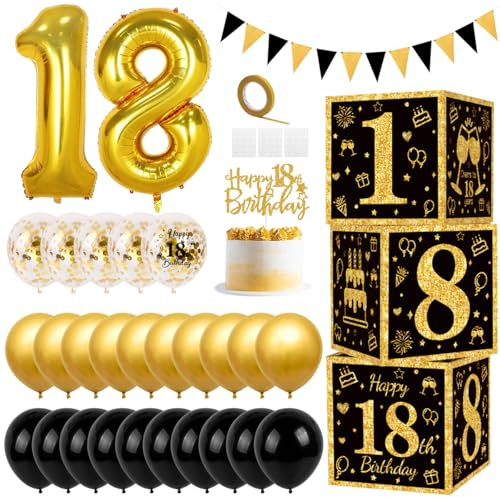 Palloncini Compleanno Neri e Oro, Kit Ghirlanda Palloncini Neri Oro con 3 Pcs Scatole Decorative di Compleanno per Ragazzi, Palloncino Coriandoli Dorati per Decorazioni 18 Anni Compleanno