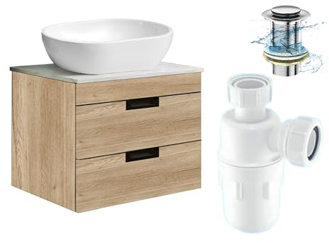 BELOFAY 600mm Wall Mounted Vanity Unit with Basin | Two Soft-Close Drawers | Modern Floating Design with Countertop Basin & White Wooden Worktop, Trap & Waste, Tap not included | Wood Grains