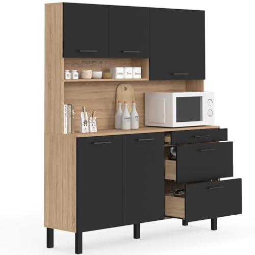 IDMarket - Buffet casserolier de Cuisine 140 cm CINA 5 Portes + 3 tiroirs façon hêtre et Noir