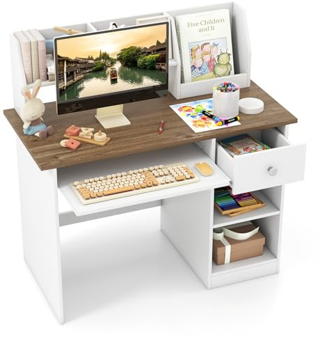 RELAX4LIFE Scrivania per Bambini, Tavolo da Studio in Legno con Pensile, Libreria, Vassoio per Tastiera, Cassetto e Scaffali Aperti, Postazione Computer per Studenti per Bambini da 3+ Anni (Naturale)