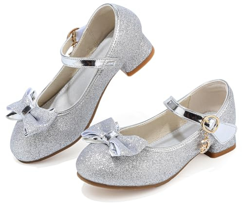 Mokayu Mary Janes Princess Shoes Girls Party Shoes Kids High Heels with Bow Sparkly Flower Girl Shoes for Toddler Little Big Kids Wedding Birthday Prom Dress Up Silver UK 2