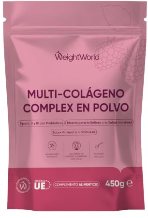 Complejo de Colágeno en Polvo con Probióticos 450g - Péptidos de Colágeno Bovino y Colágeno Hidrolizado Tipo I, II y III - Con Biotina y Vitamina C - Sin Azúcares Añadidos, Sabor a Frambuesa