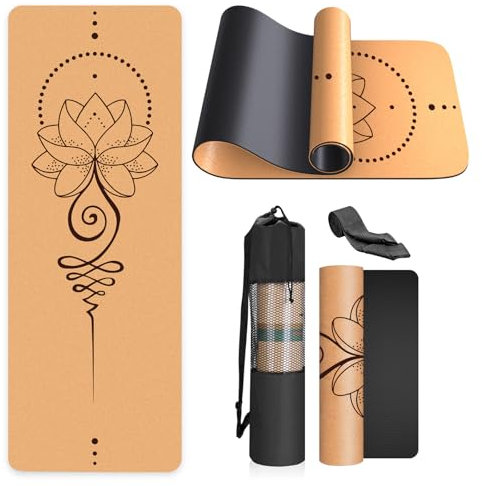 Esterilla de Yoga de Corcho Antideslizante - Alfombra para Entrenamiento de Gimnasia,sin sustancias nocivas, para Yoga y Pilates - Colchoneta de 183 x 61 x 0.4CM-con Correa de Transporte-black-Loto