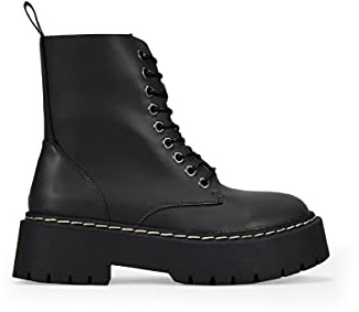 BOSANOVA Bottes militaires style punk fabriquées en cuir vegan avec plateforme dentée et lacets jusqu'au sommet. Fermeture éclair. Chaussures pour femme, Noir , 38 EU