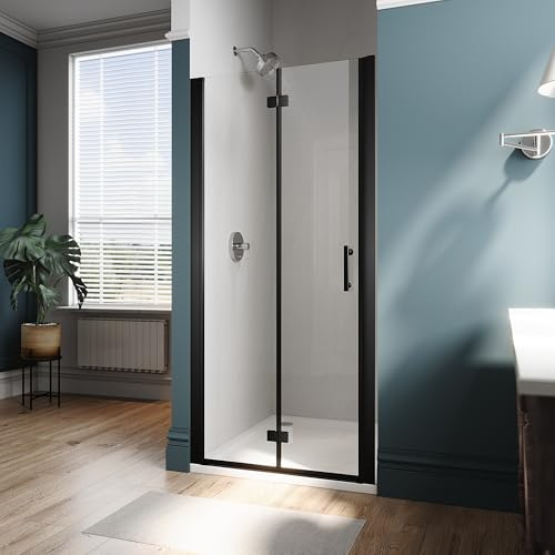 ELEGANT Frameless Bifold Shower Door 33.5-35 in.W x 72 in.H, Pivot Swing Shower Doors with 1/4'' Tempered Shower Glass Panel, Matte Black Semi-Frameless Shower Door