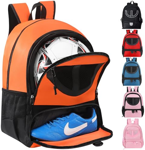 Sac à Dos de Basket-Ball pour Homme et Femme avec Compartiment pour Ballon et Chaussures, capacité 30 L, léger et Respirant, pour Volley-Ball, Football, Sport, Voyage, école, Salle de Sport (Orange)