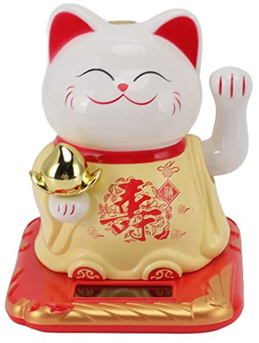 HERCHR Gato Que Agita, Gato De La Suerte De La Fortuna, Gato Sonriente con Brazo Que Agita con Energía Solar, Adorno De Gato De La Suerte, Adorno De Gato De Bienvenida Chino (Amarillo)