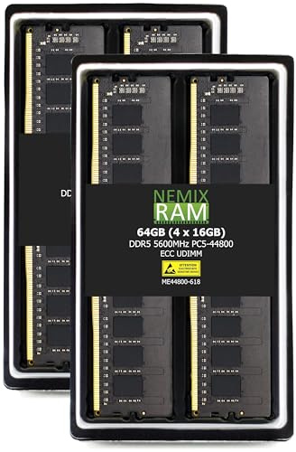 NEMIX RAM 64GB (4X16GB) DDR5 5600MHZ PC5-44800 1Rx8 1.1V CL46 288-PIN ECC Unbuffered UDIMM Memory KIT