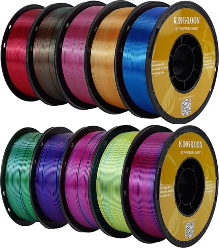 Kingroon Lot de 10 rouleaux de filament PLA de soie triple couleur, bobine de 10 kg, 1,75 mm, précision dimensionnelle +/- 0,03 mm, 10 couleurs triples différentes