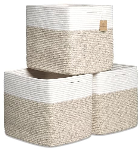 NaturalCozy 13x15x13 Kallax Storage Cubes Bins, 3 Pack | Cotton Rope Cube Storage Bin Woven Baskets for Organizing | Kallax Insert Storage Baskets for Shelves Organizer, Kids Toy, Closet Baby Nursery
